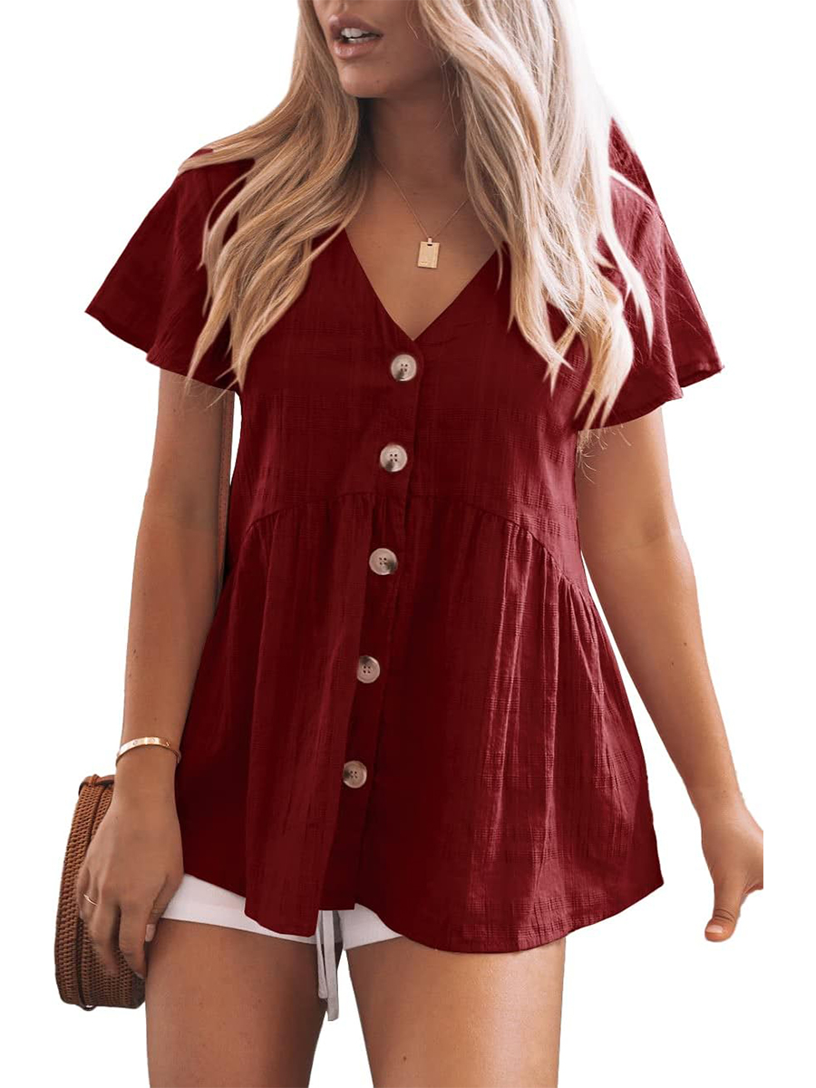 Women's V Neck Button Down Ruffle Hem Short Sleeve Babydoll Peplum Tops