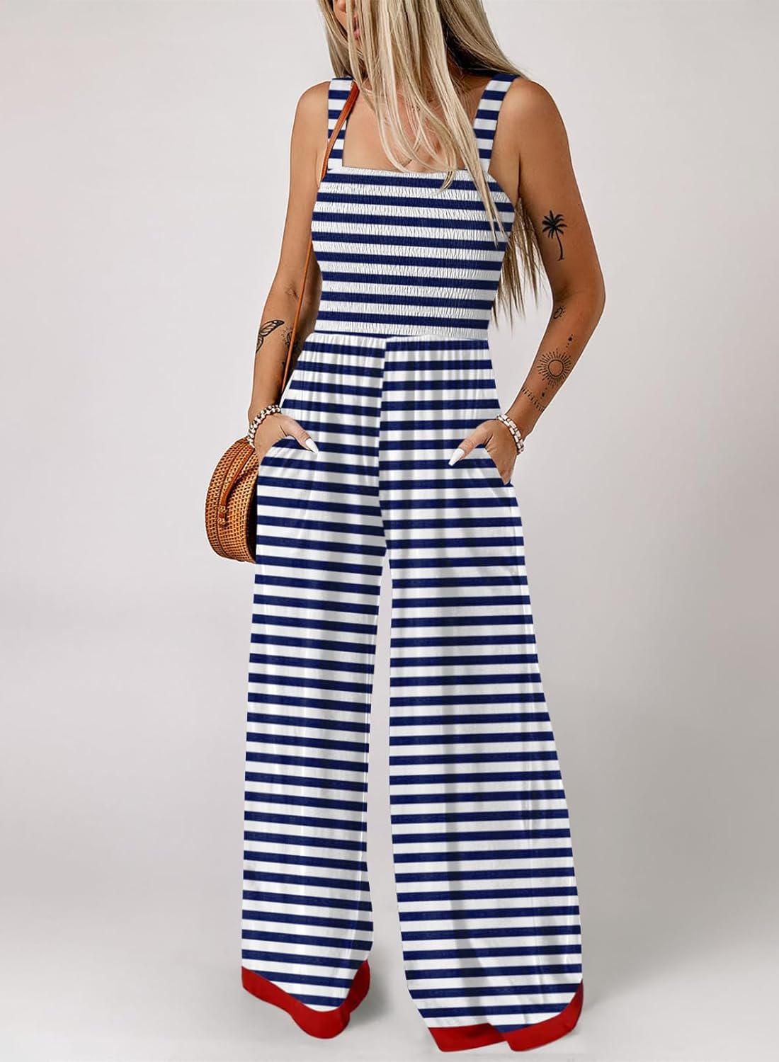Women's Casual Striped Square Neck Sleeveless Long Pant Rompers with Pockets