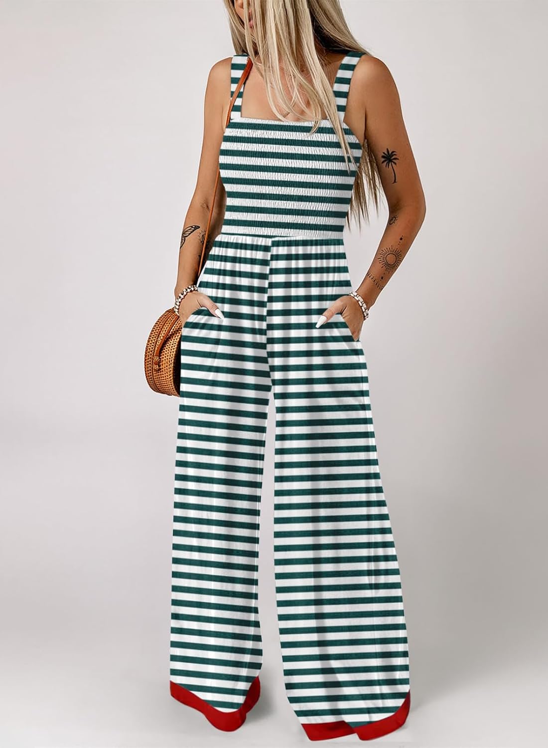 Women's Casual Striped Square Neck Sleeveless Long Pant Rompers with Pockets