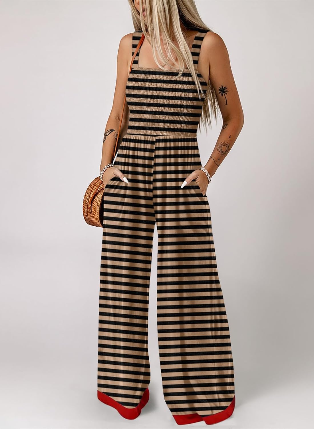Women's Casual Striped Square Neck Sleeveless Long Pant Rompers with Pockets