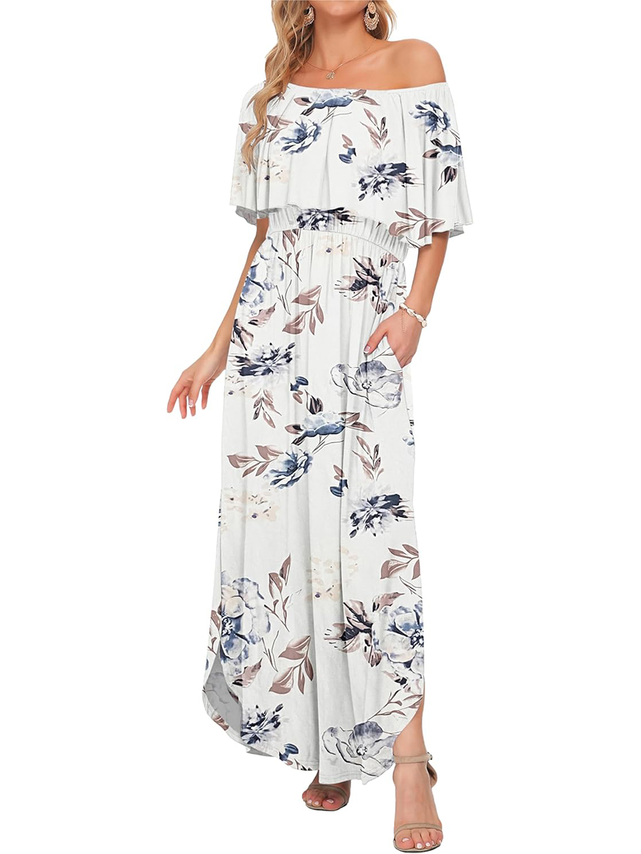 Women's Summer Casual Off Shoulder Ruffle Side Split Maxi Dresses with Pockets