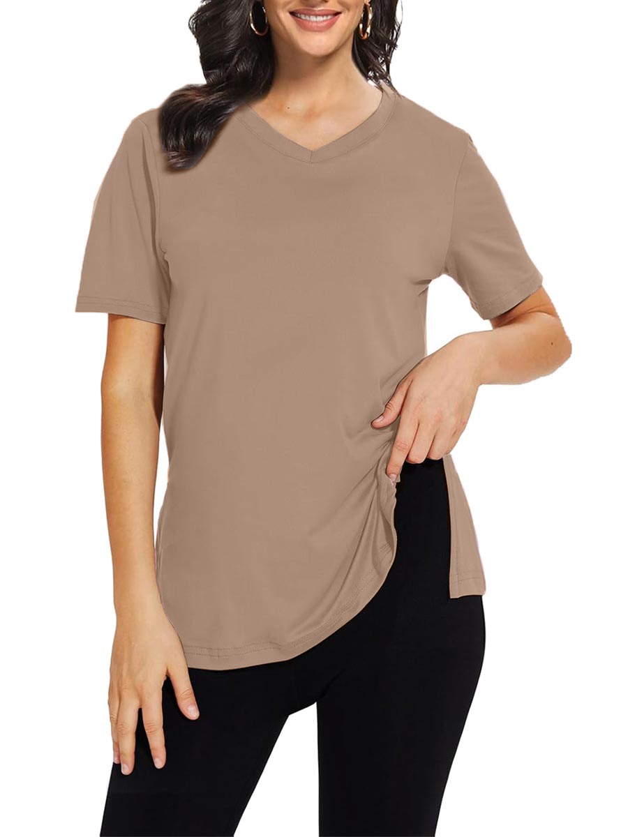 Women's Casual V Neck Side Slit T-Shirt Summer Loose Basic Tops
