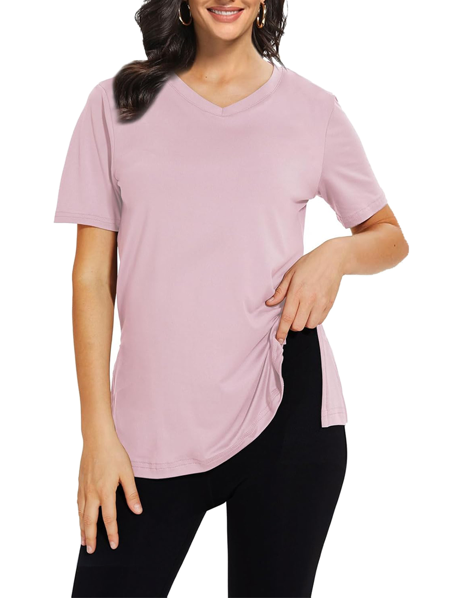 Women's Casual V Neck Side Slit T-Shirt Summer Loose Basic Tops