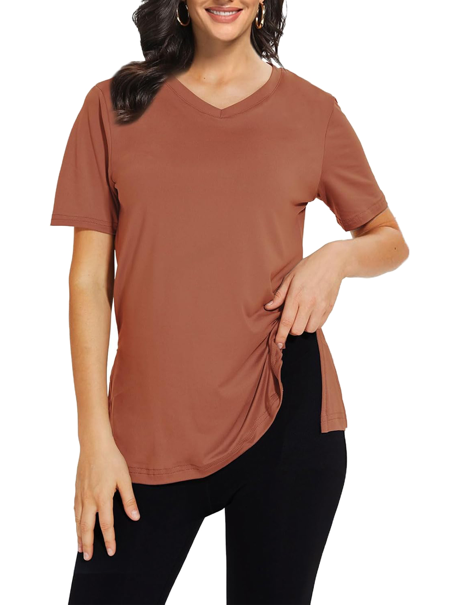 Women's Casual V Neck Side Slit T-Shirt Summer Loose Basic Tops