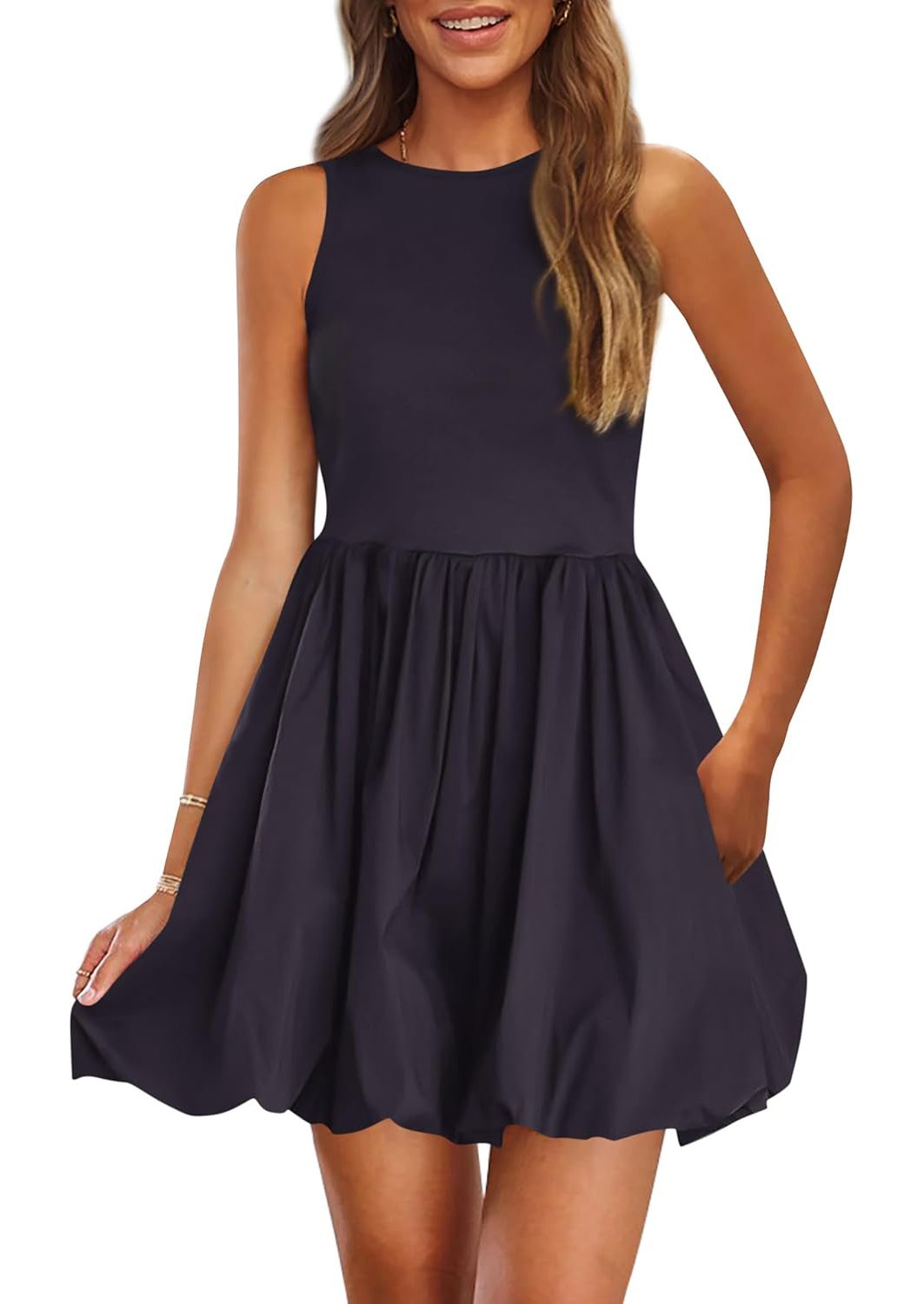 Women's Casual Crew Neck Sleeveless Tank Bubble Dress with Pockets