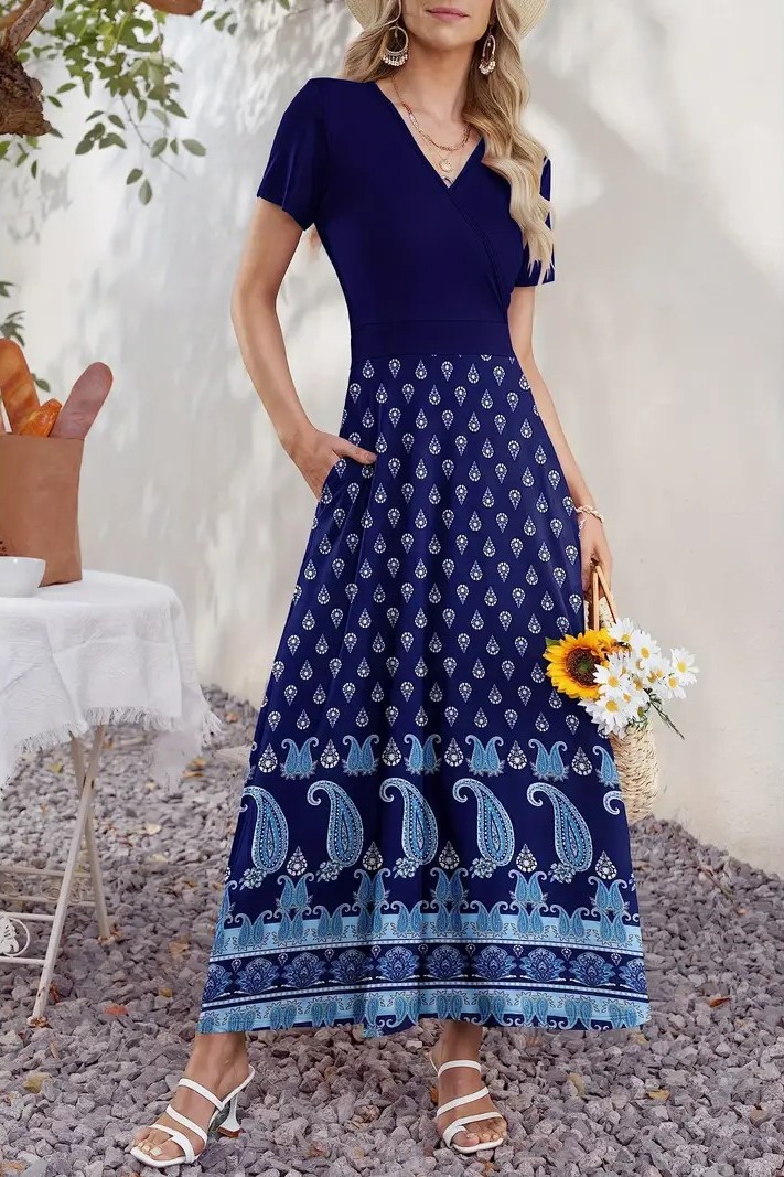 Women's V Neck Floral Print Beach Long Flowy Dress with Pockets