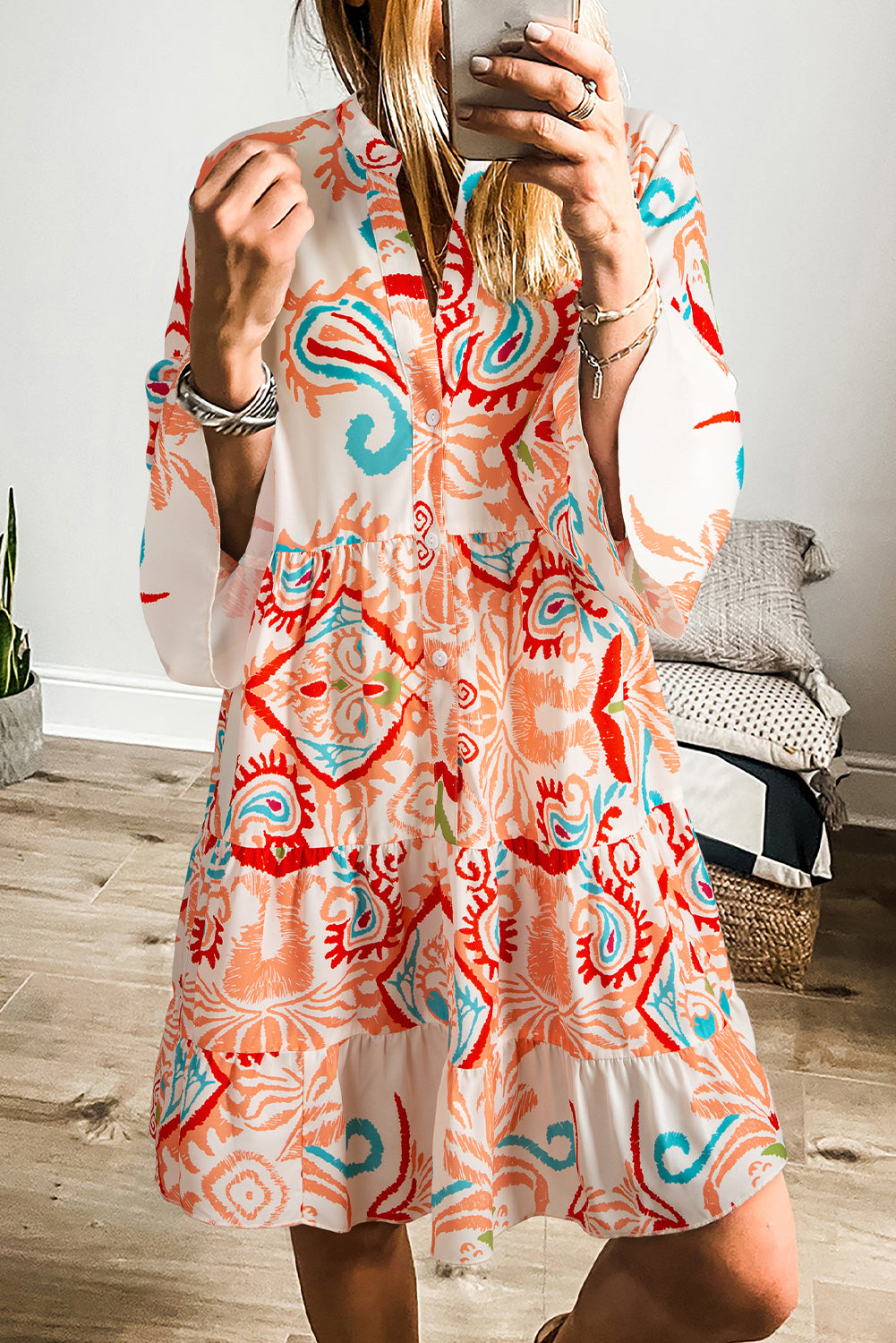 Women's Print Boho Button 3/4 Sleeve Tiered Babydoll Dress