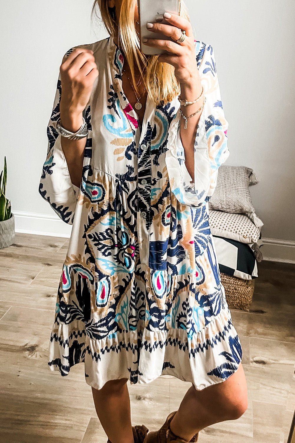 Women's Print Boho Button 3/4 Sleeve Tiered Babydoll Dress