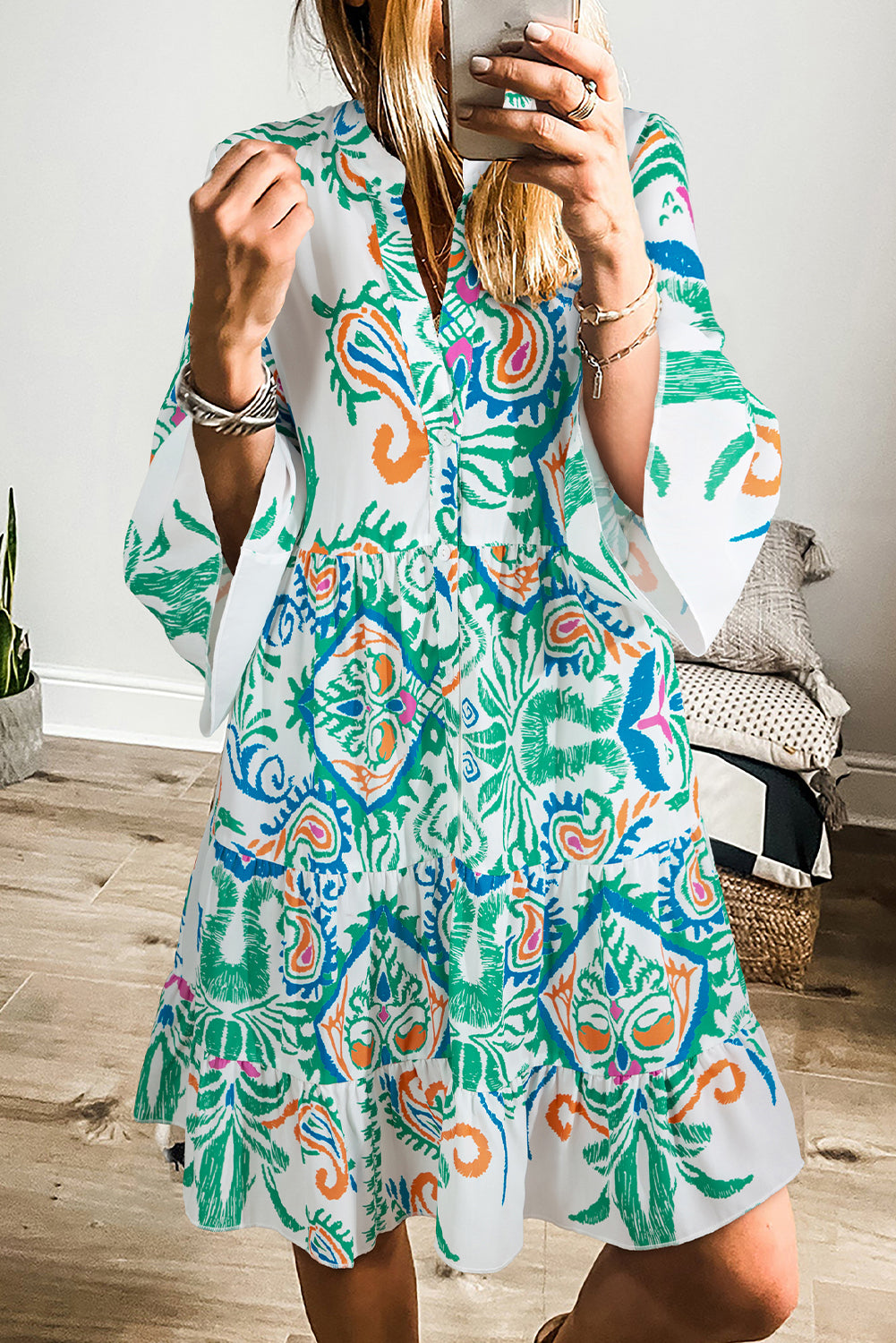 Women's Print Boho Button 3/4 Sleeve Tiered Babydoll Dress