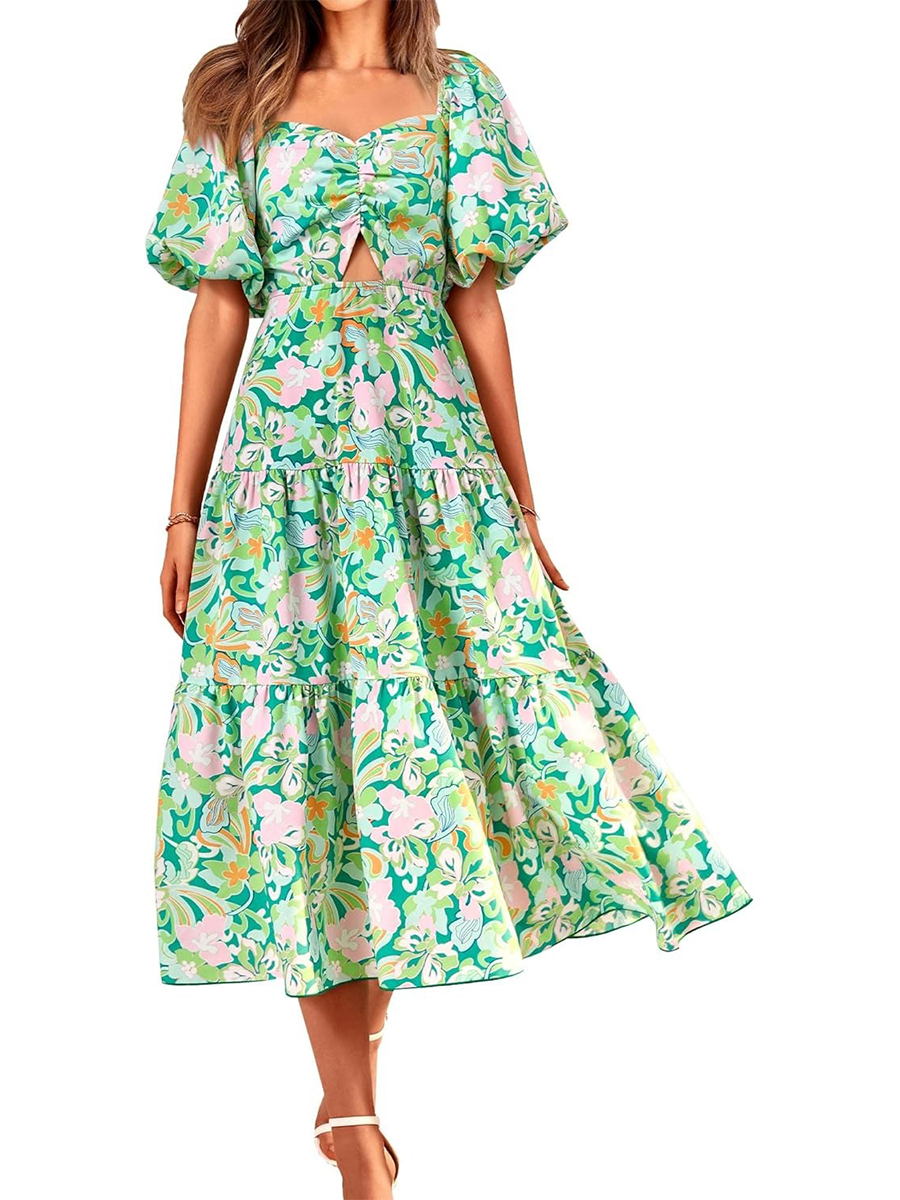 Women's Boho Floral Square Neck Puff Sleeve Cutout Long Maxi Dress