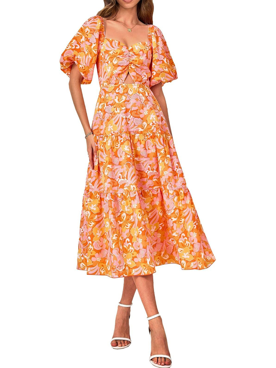 Women's Boho Floral Square Neck Puff Sleeve Cutout Long Maxi Dress