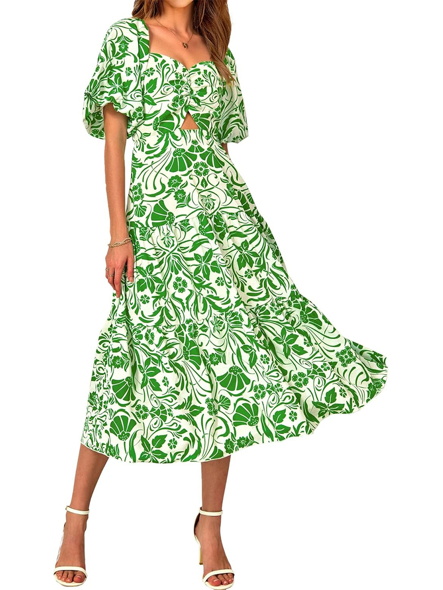 Women's Boho Floral Square Neck Puff Sleeve Cutout Long Maxi Dress