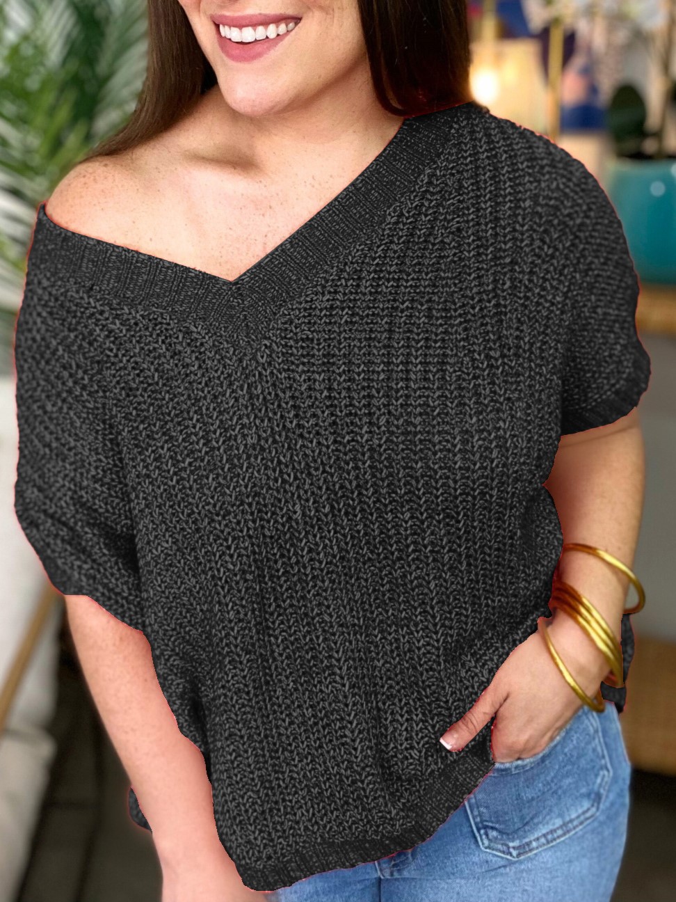 2024 Oversized Knitted V-neck Short Sleeve Top