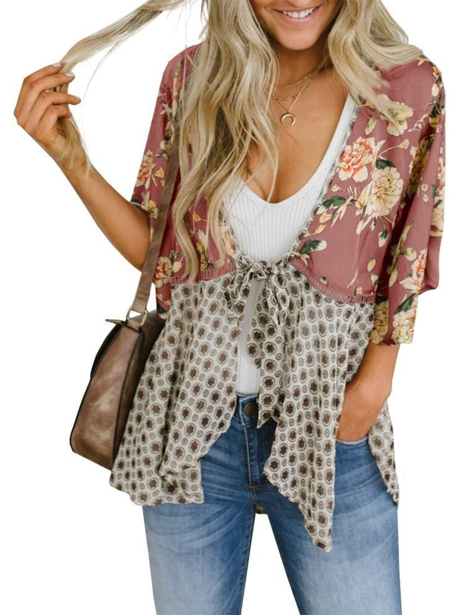 Women's Floral Kimono 3/4 Ruffle Sleeve Tie Cardigans Flowy Boho Loose Cover Ups
