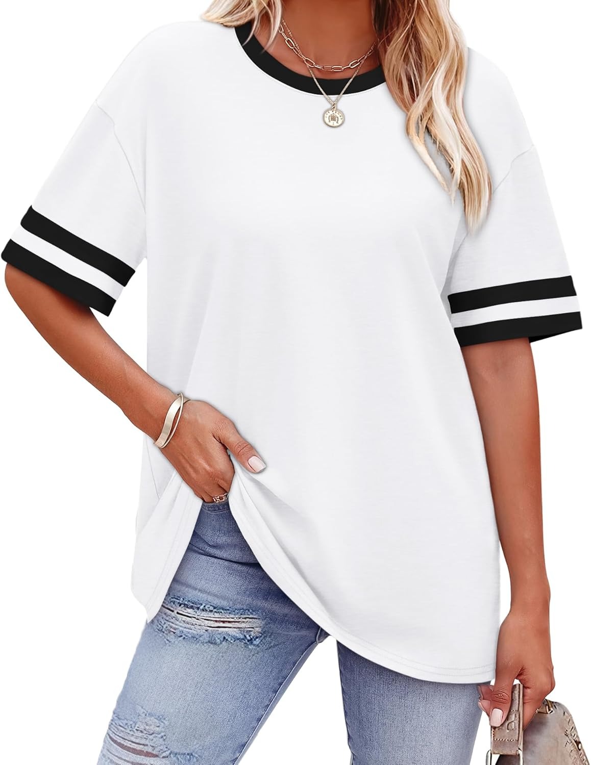 Women's Oversized Crew Neck Colorblock Striped Sleeve T-shirt