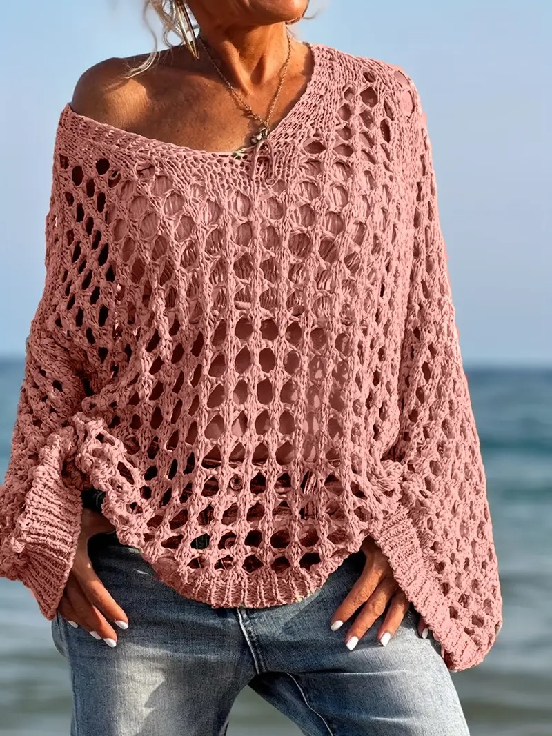Women's Casual Loose V Neck Hollow Out Long Sleeve Coverups