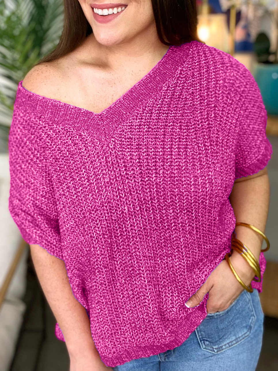 2024 Oversized Knitted V-neck Short Sleeve Top