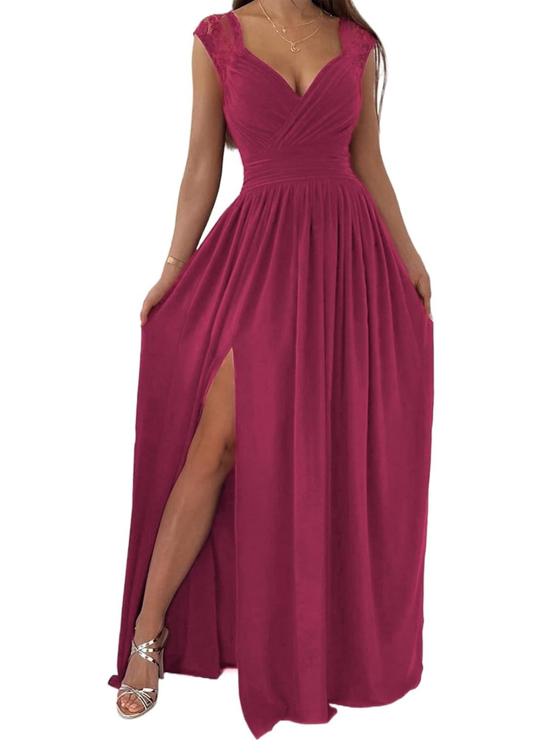 Women's Wrap V-Neck Lace Strap Ruched Sexy Maxi Dress