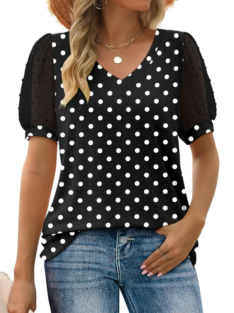 Women's Printed V Neck Swiss Dot Puff Sleeve Loose Casual T-Shirt