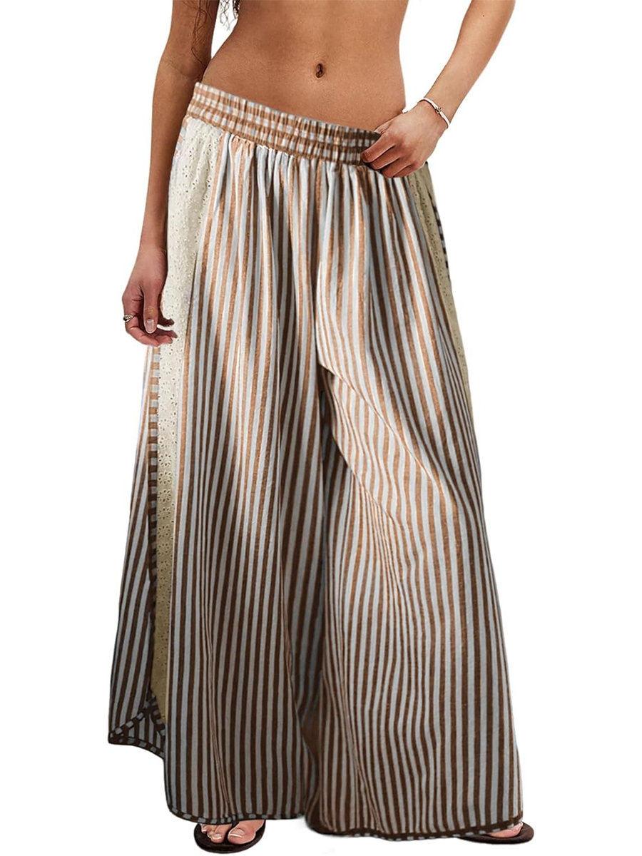 Women's Summer Casual Loose Striped Lace Patchwork Wide Leg Pants