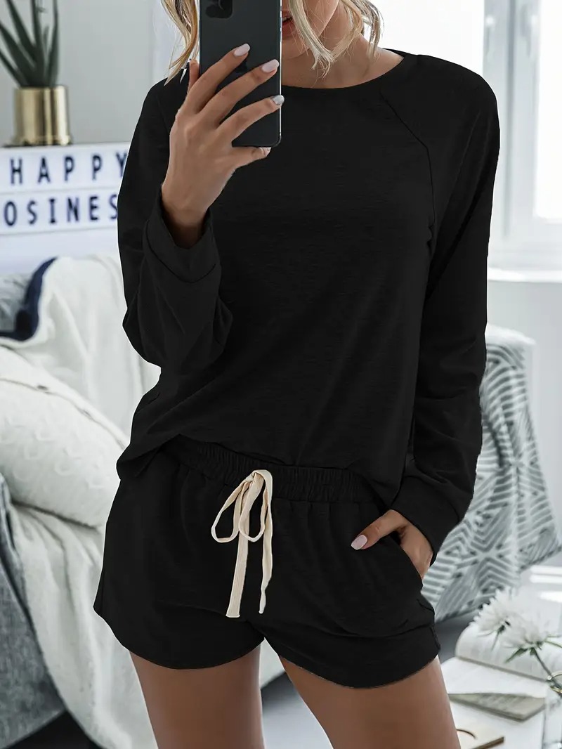 Women's Casual Long Sleeve Drawstring Shorts 2 Piece Set