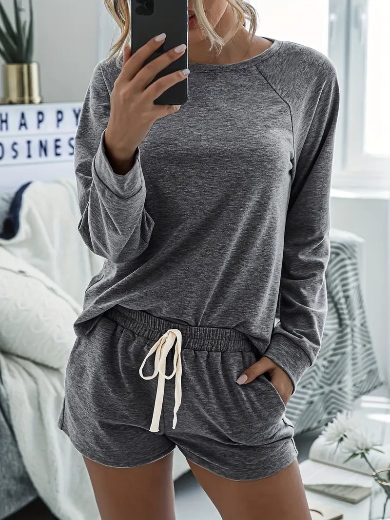Women's Casual Long Sleeve Drawstring Shorts 2 Piece Set