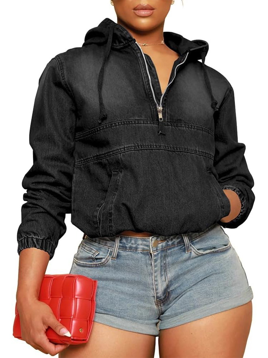 Women's Half Zip Denim Hoodie Pullover Jean Tops