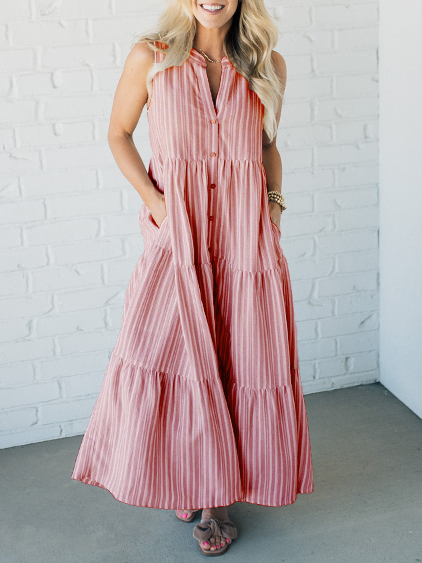 HOT SALE V Neck Striped Button Front Tiered Dress (Buy 2 Free Shipping)