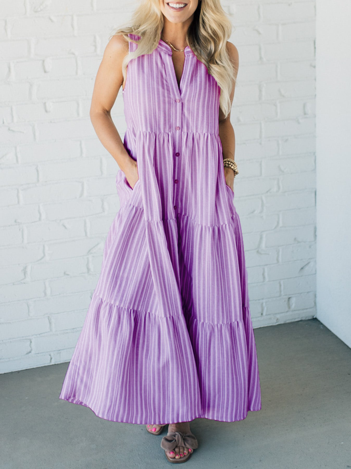 HOT SALE V Neck Striped Button Front Tiered Dress (Buy 2 Free Shipping)