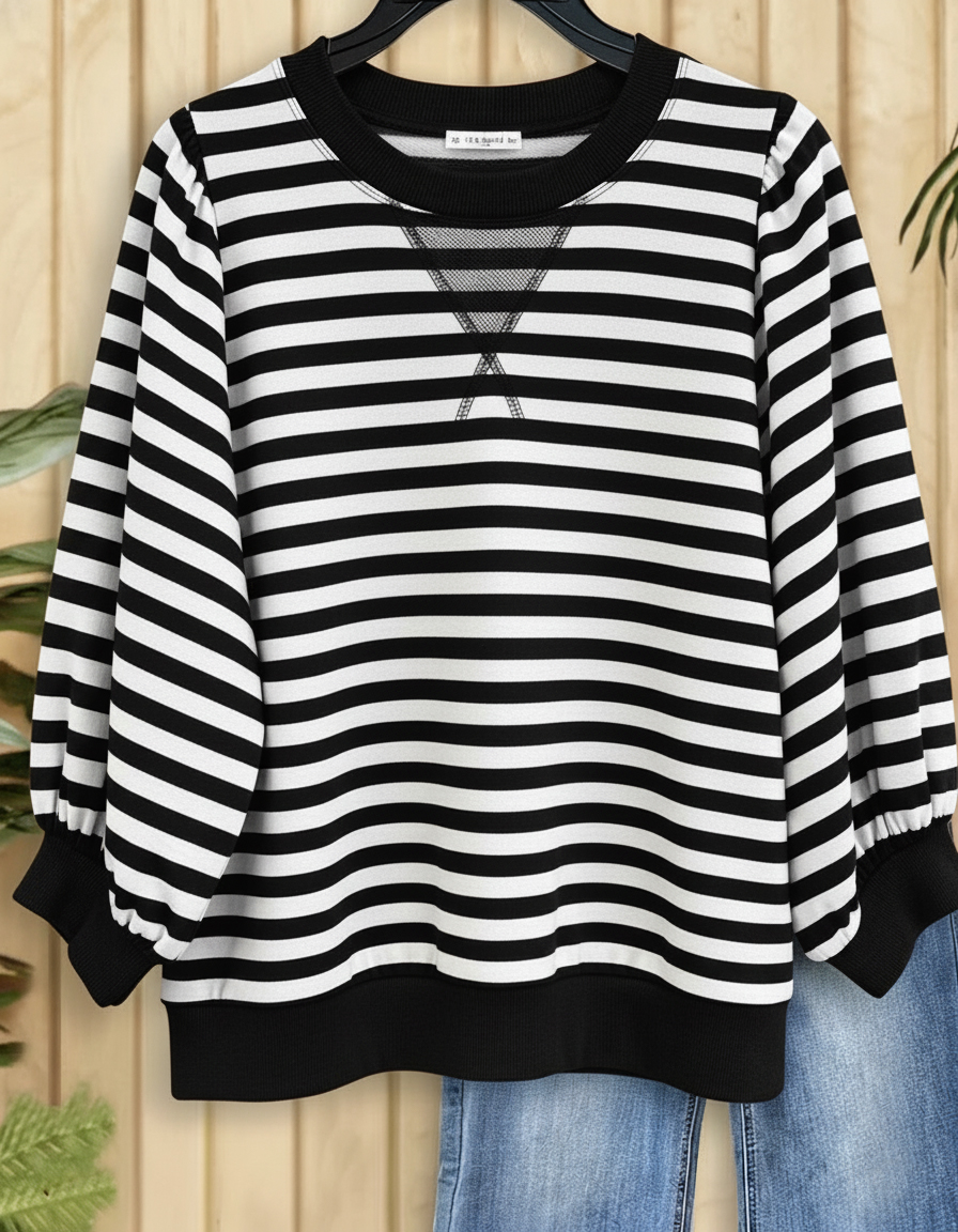 Women's Striped Puff Sleeve Sporty Round Neck Sweatshirt