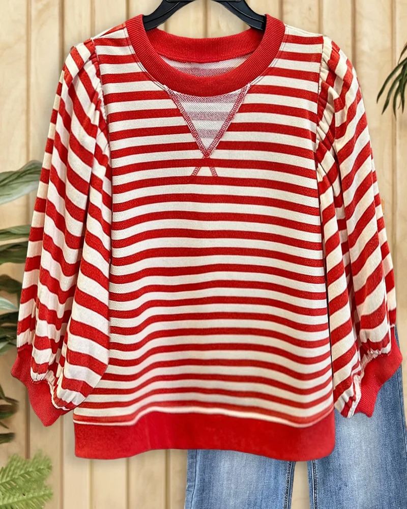 Women's Striped Puff Sleeve Sporty Round Neck Sweatshirt