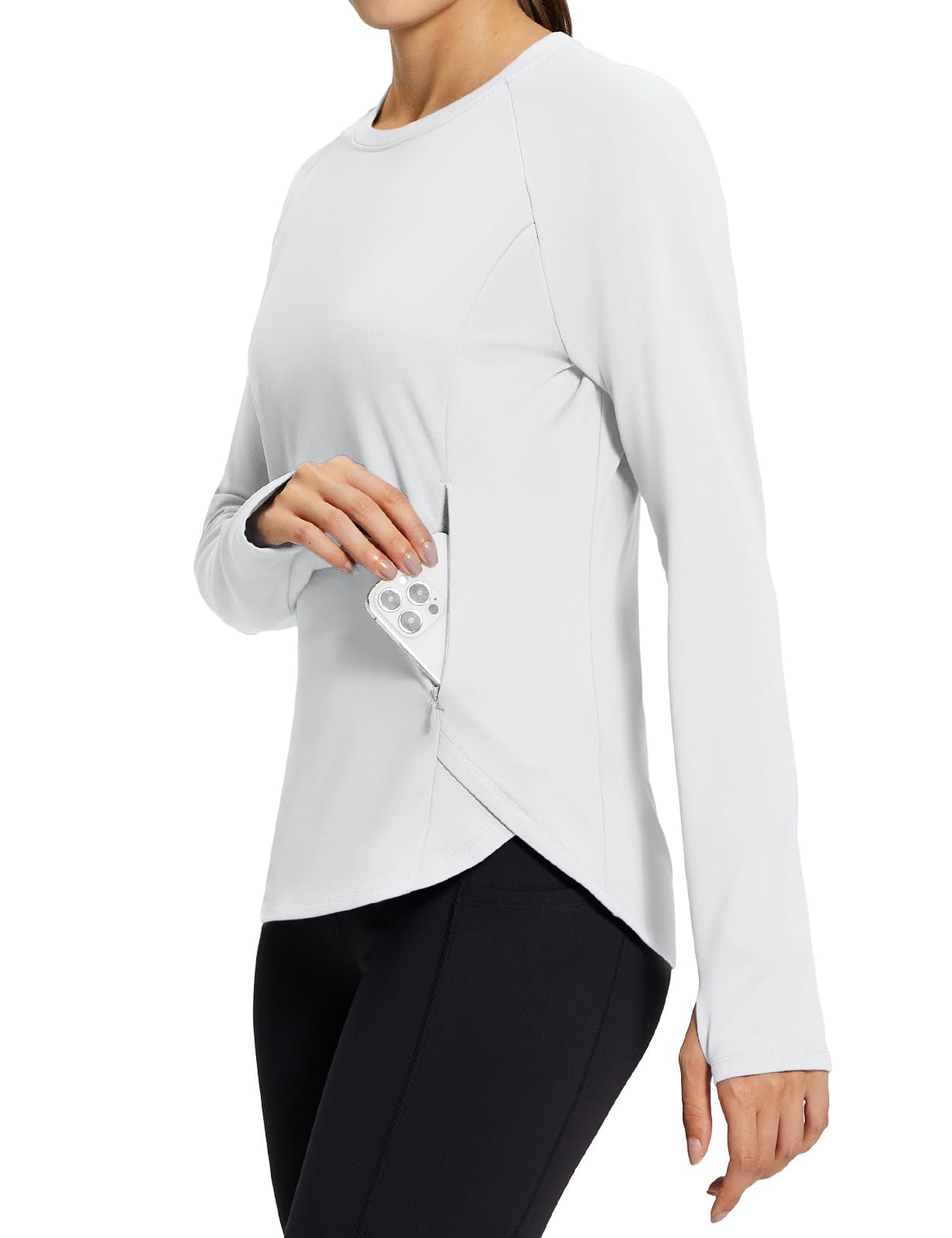 Women's Fleece Lined Long Sleeve Sports Tops with Thumbholes and Zipper Pocket