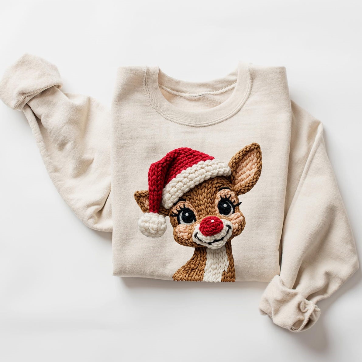 Red-Nosed Reindeer Santa Hat Print Christmas Sweatshirt
