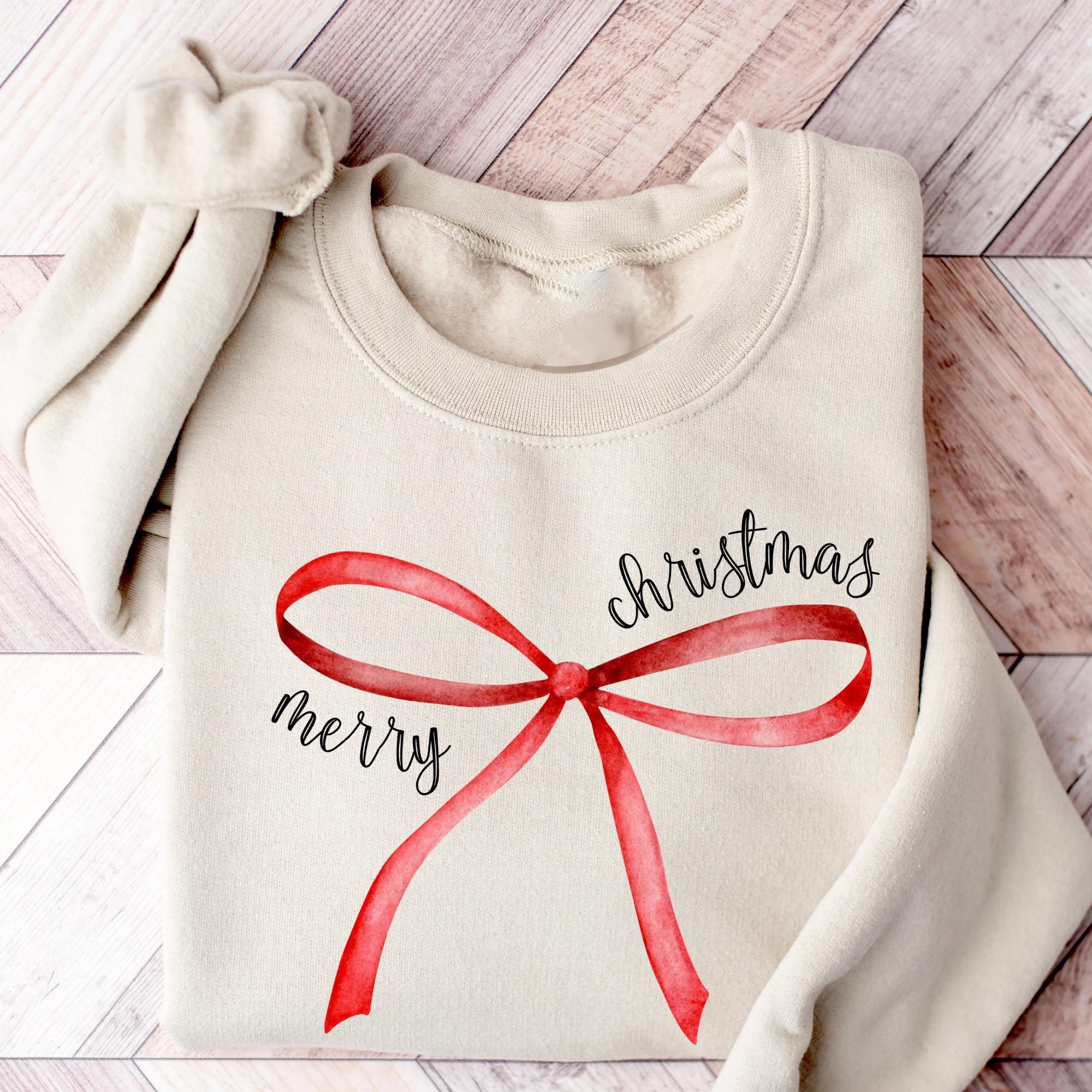 “Merry Christmas” Red Bow Print Holiday Sweatshirt