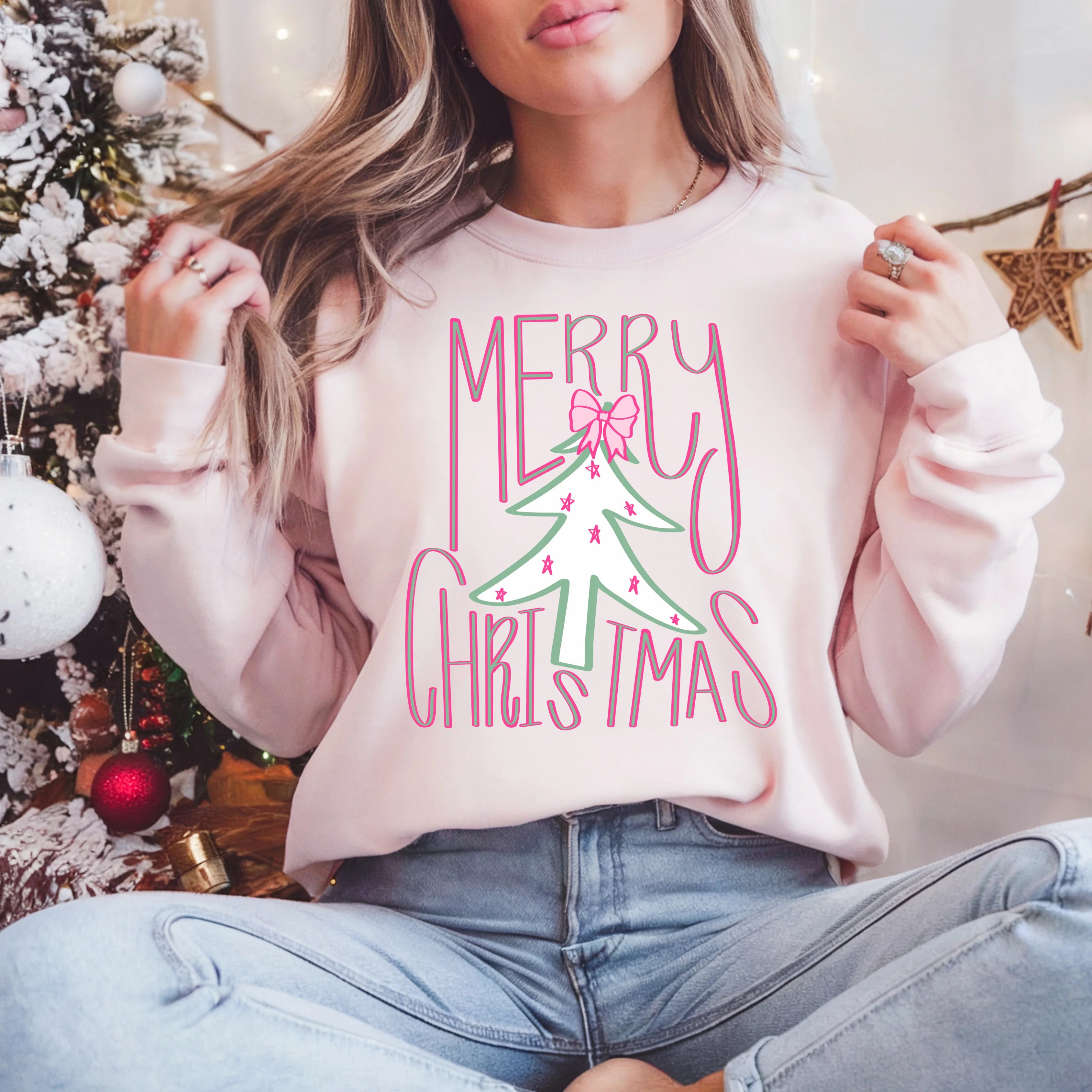 Retro "Merry Christmas" Tree Graphic Holiday Sweatshirt