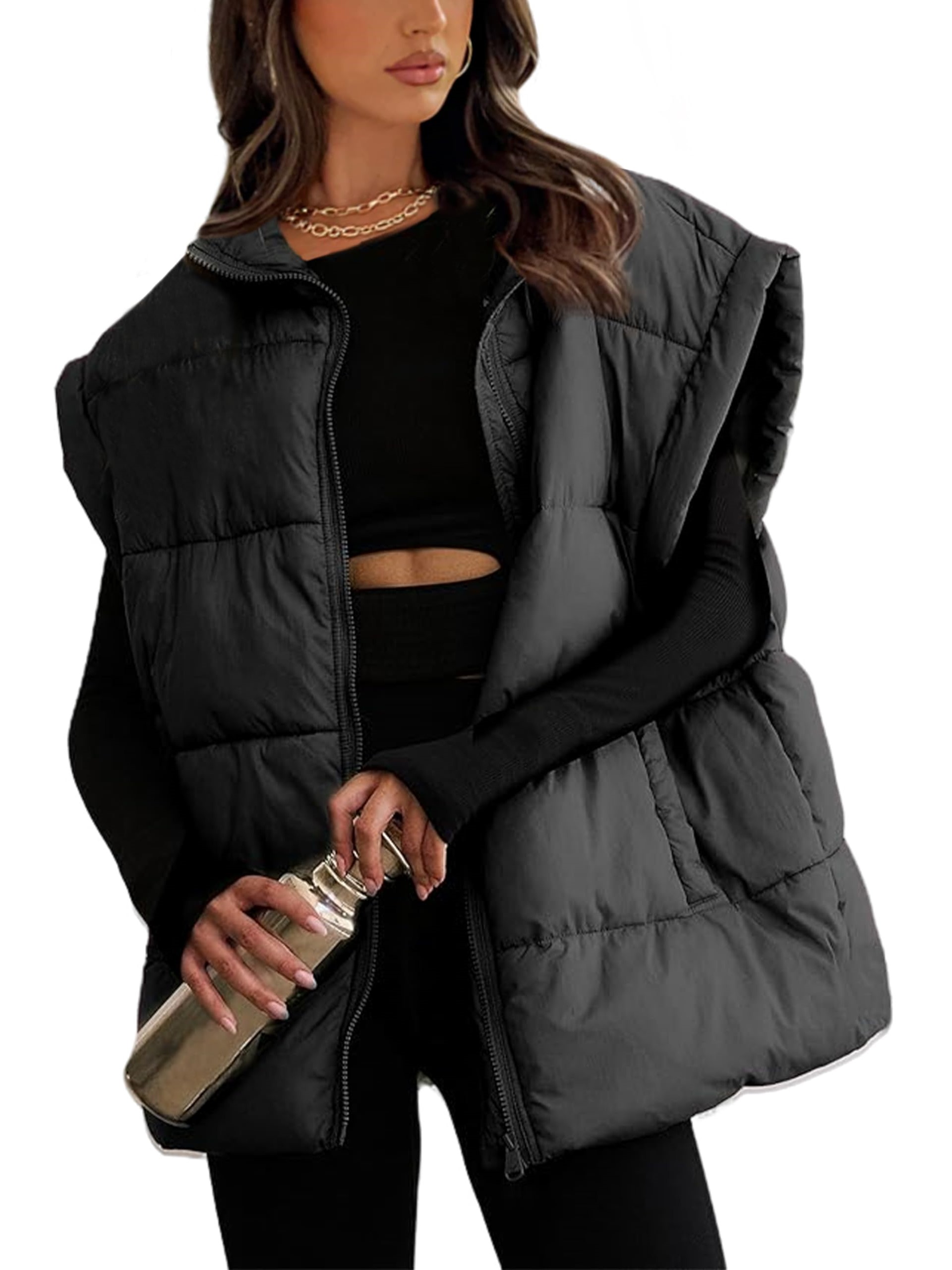 Women's Oversized Stand Collar Puffer Vest Lightweight with Pockets