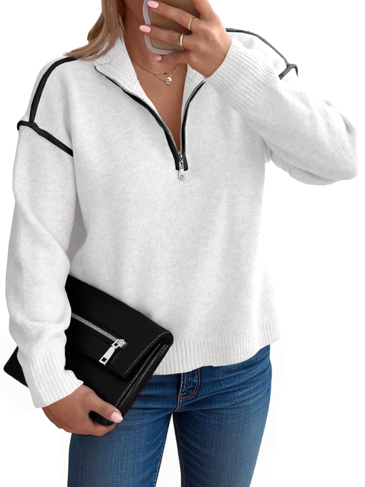 Women's Casual Color Block V Neck Quarter Zip Pullover Sweaters