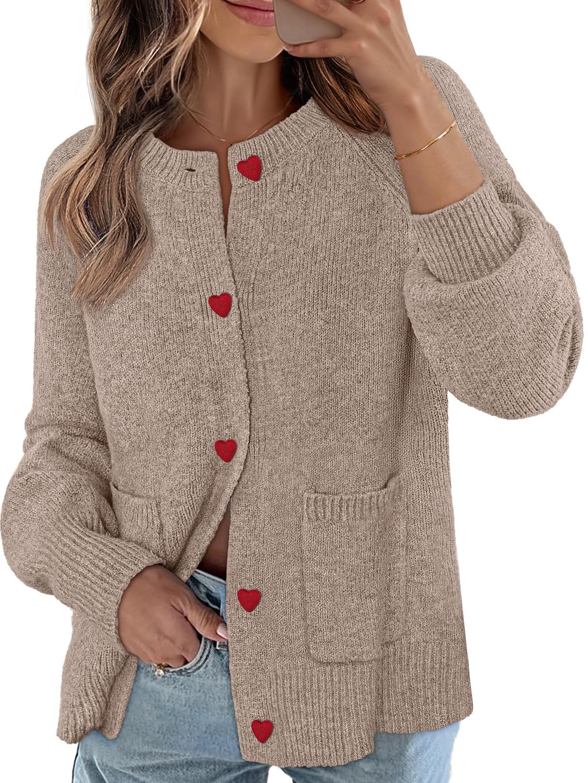 Women's Chunky Knit Cute Heart Button Cardigan Sweater