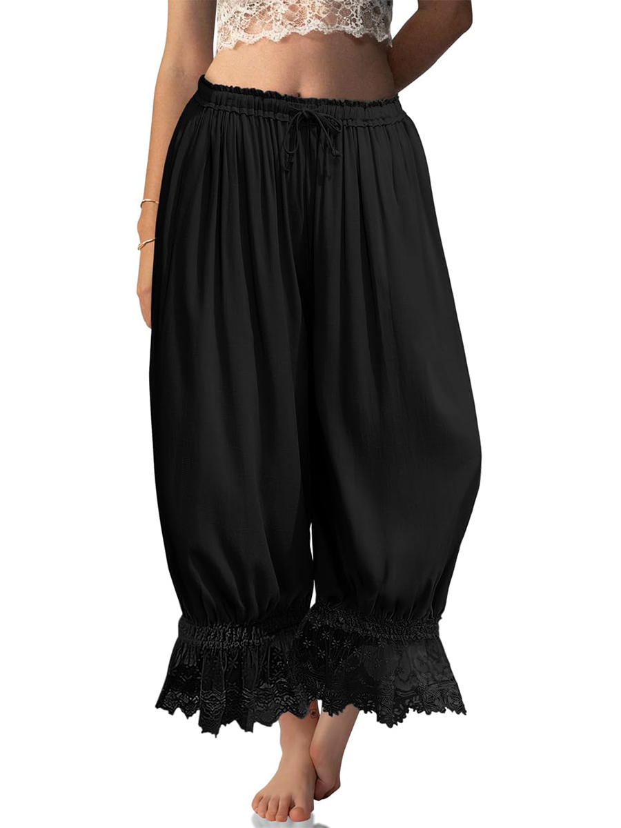 Women's Lace-Trimmed Ruffled Lantern Pants, Cropped Wide Leg Pants