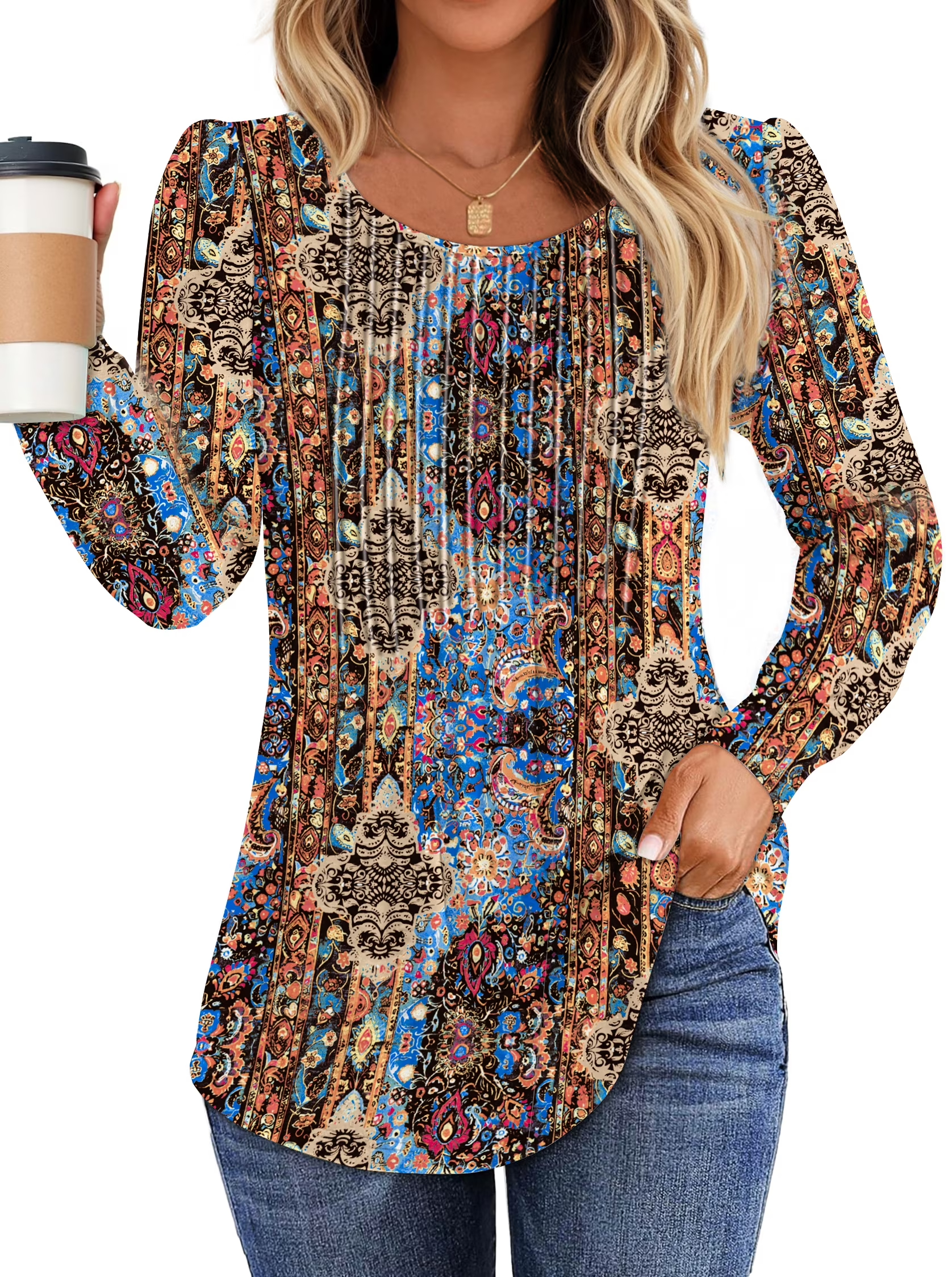 Women's Printed Long Sleeve Pleated Front Tunic Tops