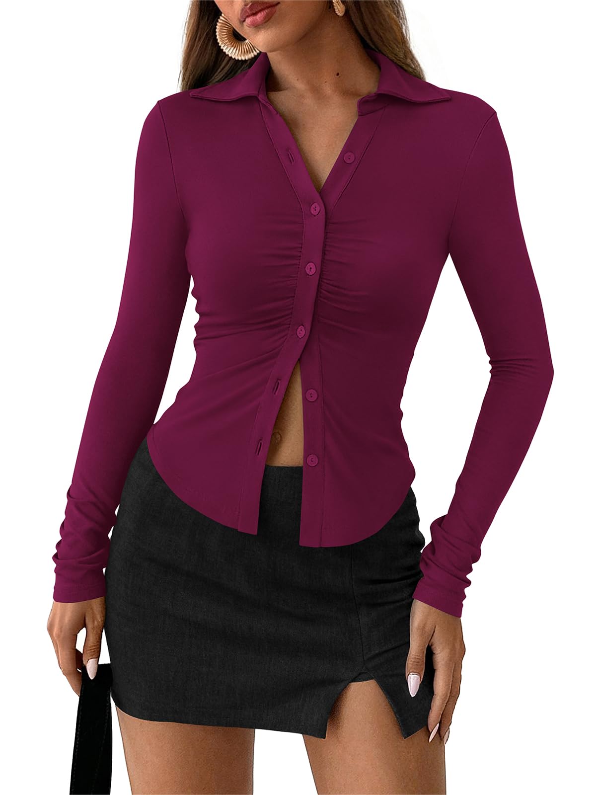 Women's Ruched Front Button Down Slim Fit Long Sleeve Shirt