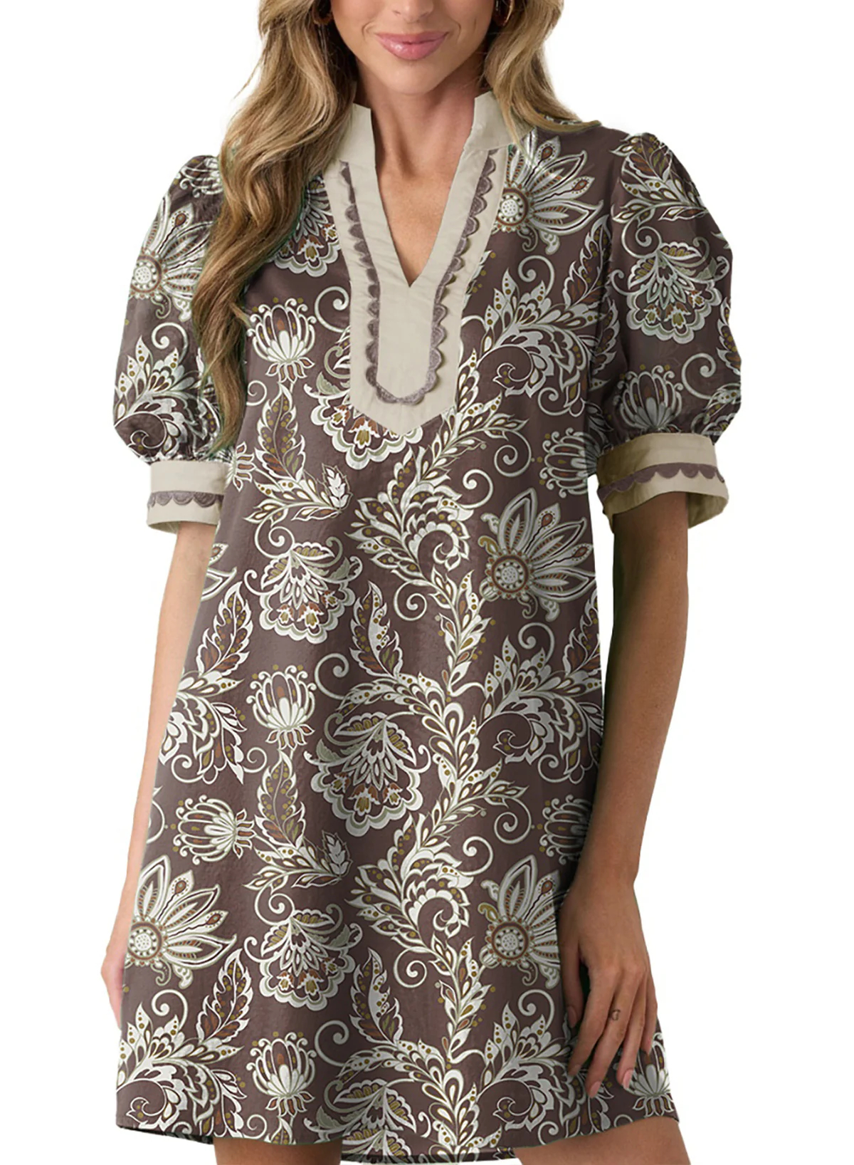 Women's Floral Print V Neck Ricrac Trim Puff Sleeve Dress