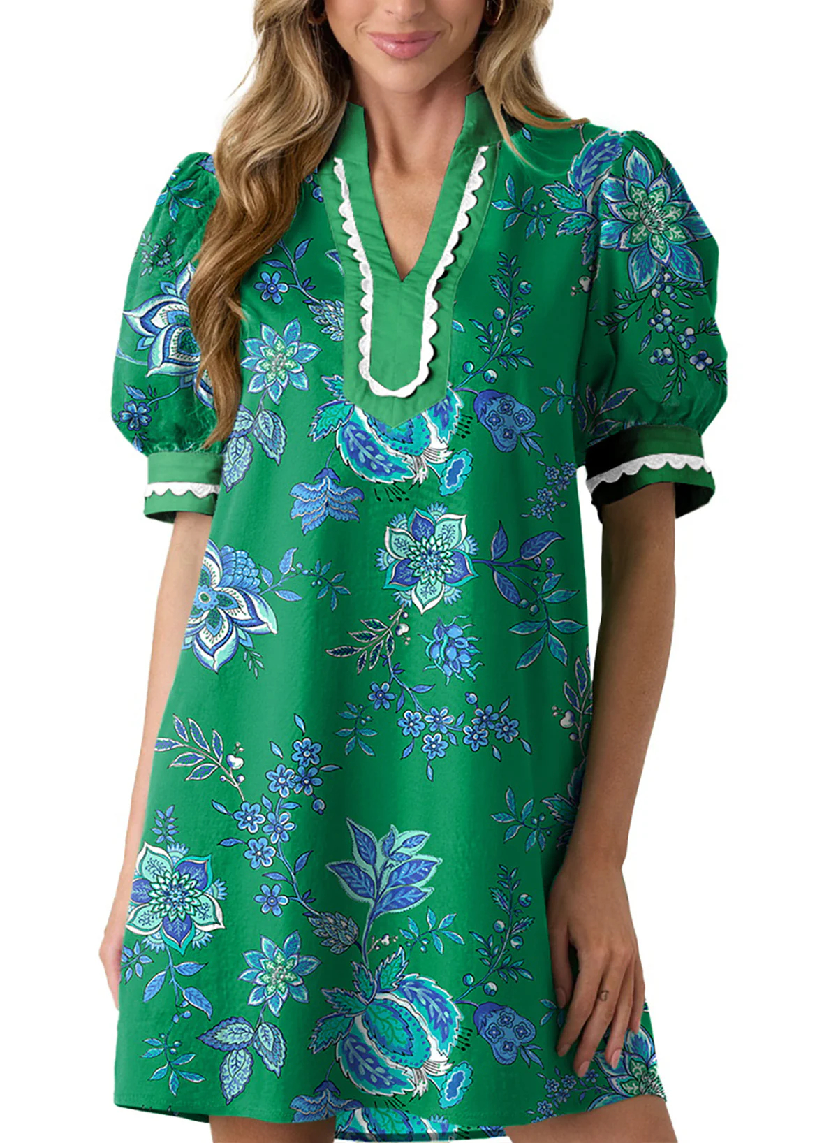 Women's Floral Print V Neck Ricrac Trim Puff Sleeve Dress