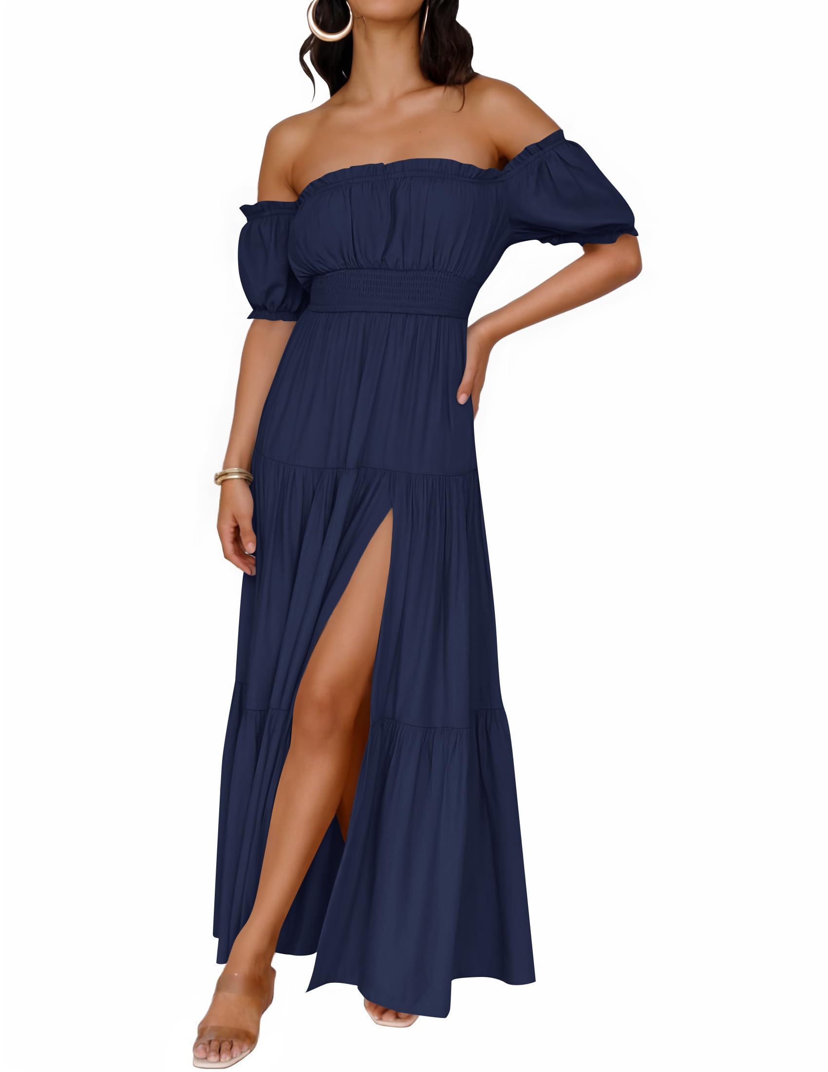 Women's Boho Sexy Off Shoulder Short Sleeve Smocked Flowy Dress