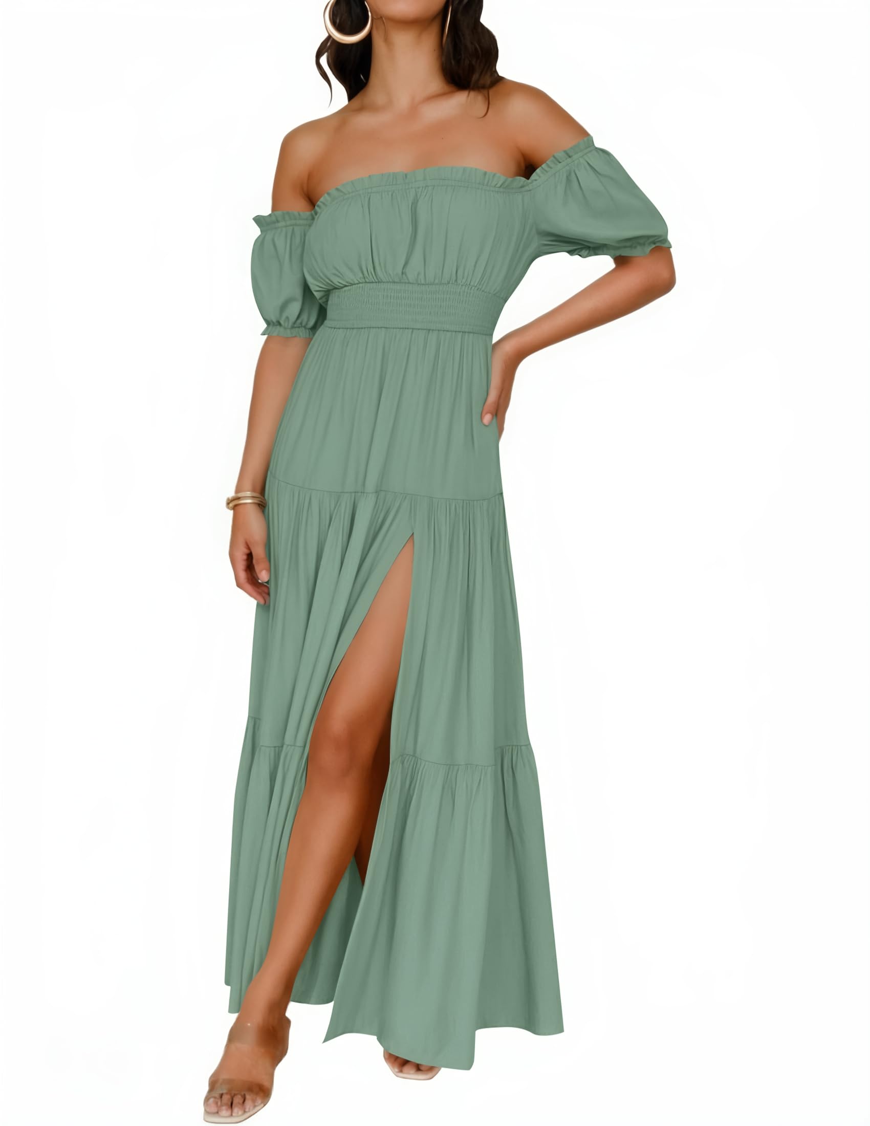 Women's Boho Sexy Off Shoulder Short Sleeve Smocked Flowy Dress