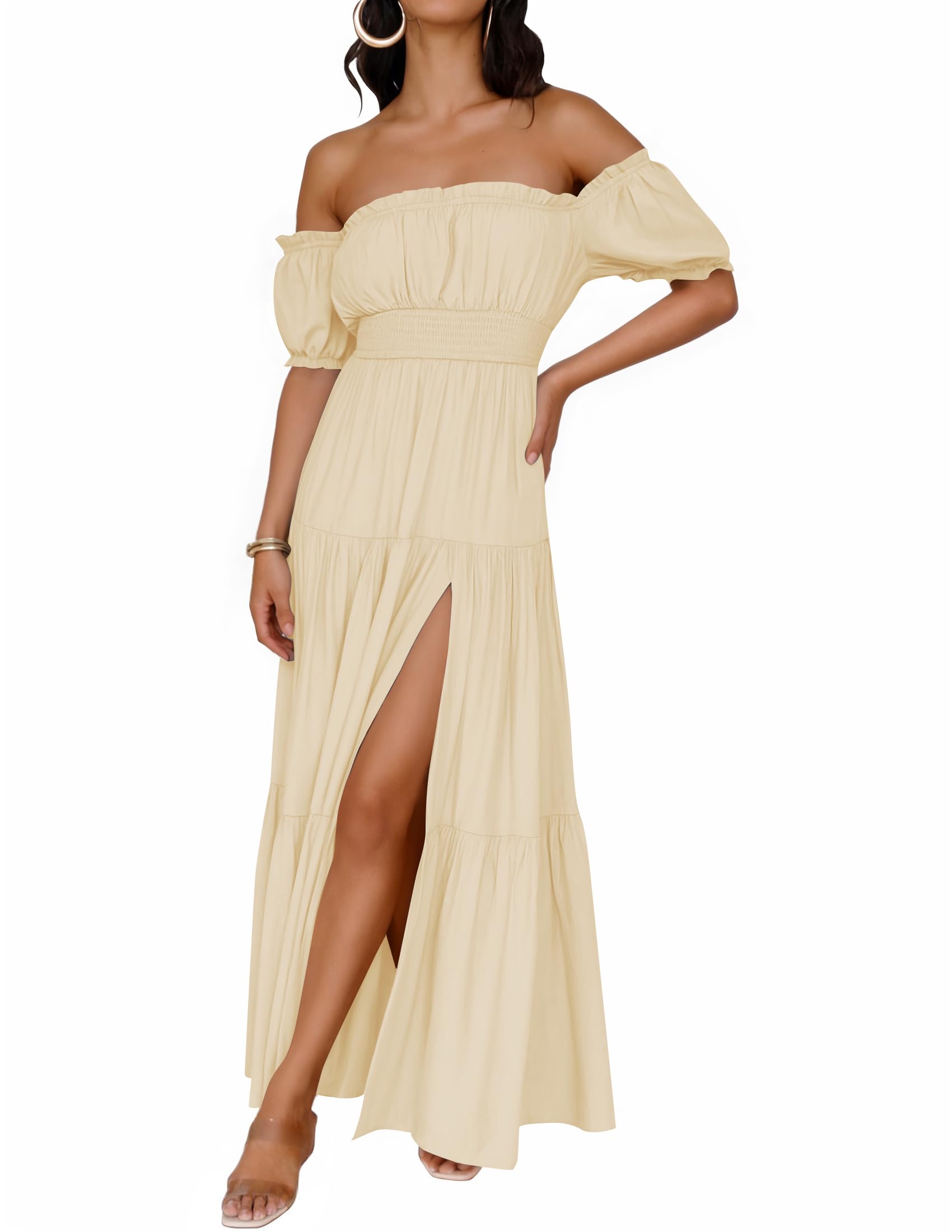 Women's Boho Sexy Off Shoulder Short Sleeve Smocked Flowy Dress