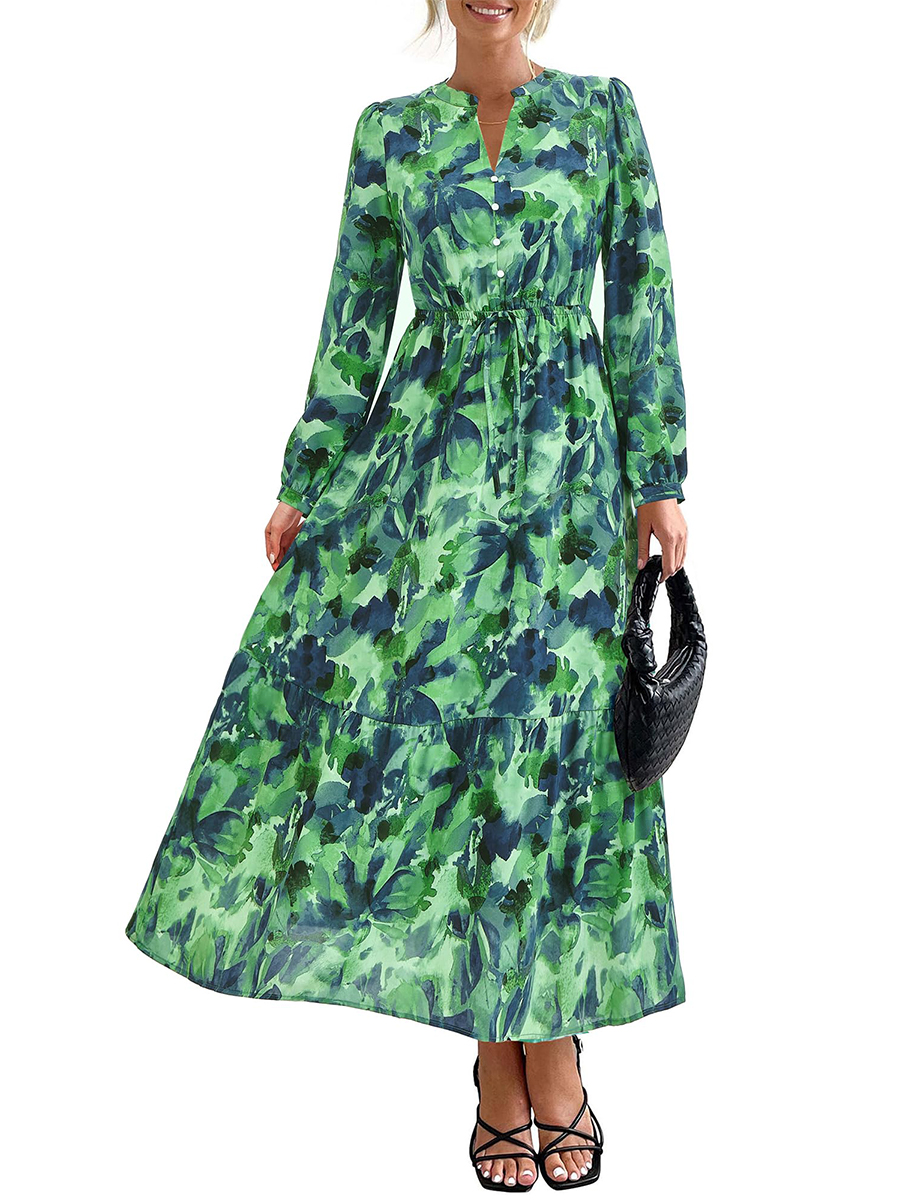 Women's Boho Floral Long Sleeve V Neck Button Pockets Flowy Dress