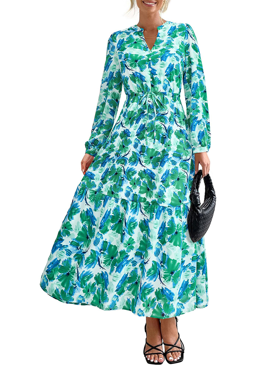 Women's Boho Floral Long Sleeve V Neck Button Pockets Flowy Dress