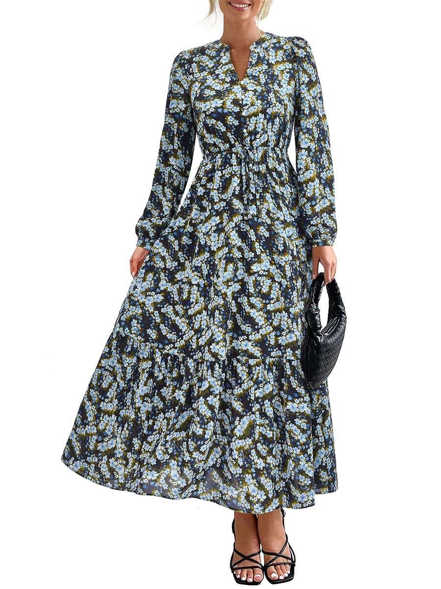 Women's Boho Floral Long Sleeve V Neck Button Pockets Flowy Dress