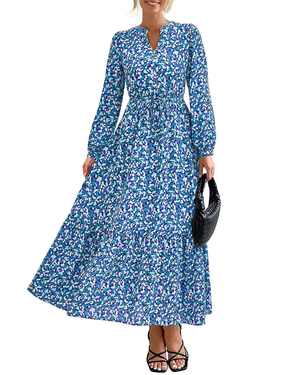 Women's Boho Floral Long Sleeve V Neck Button Pockets Flowy Dress